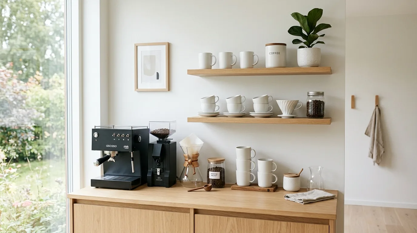 Keep the machine area clean and visually quiet inspiration for a home coffee bar.